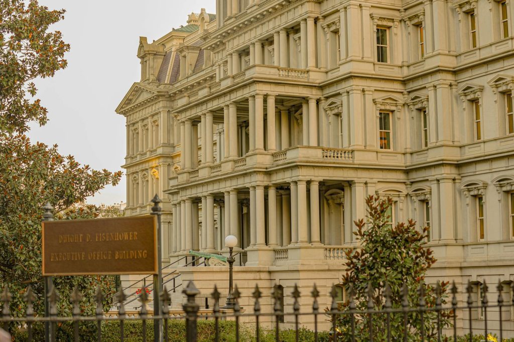 The Dwight D. Eisenhower Executive Office Building in Washington, DC, showcasing Second Empire architecture.
