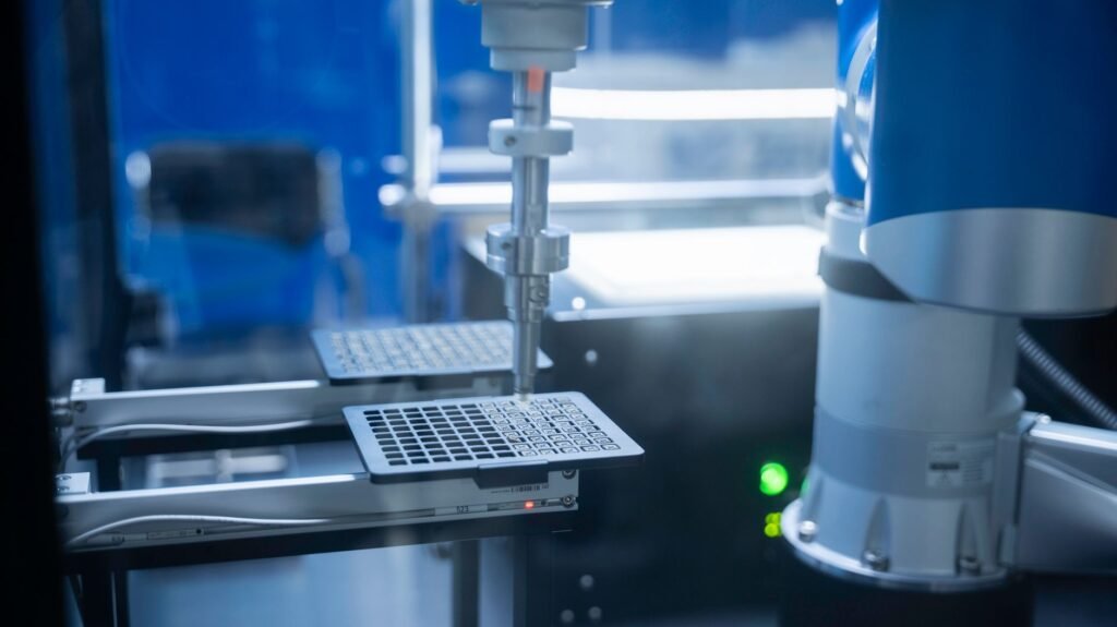 Close-up of robotic arm automating lab processes with precision.