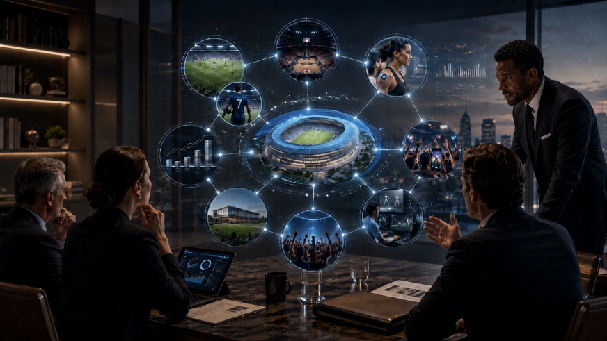 A family office reviews a connected sports investment ecosystem — leagues, teams, athletes, venues, and technology.