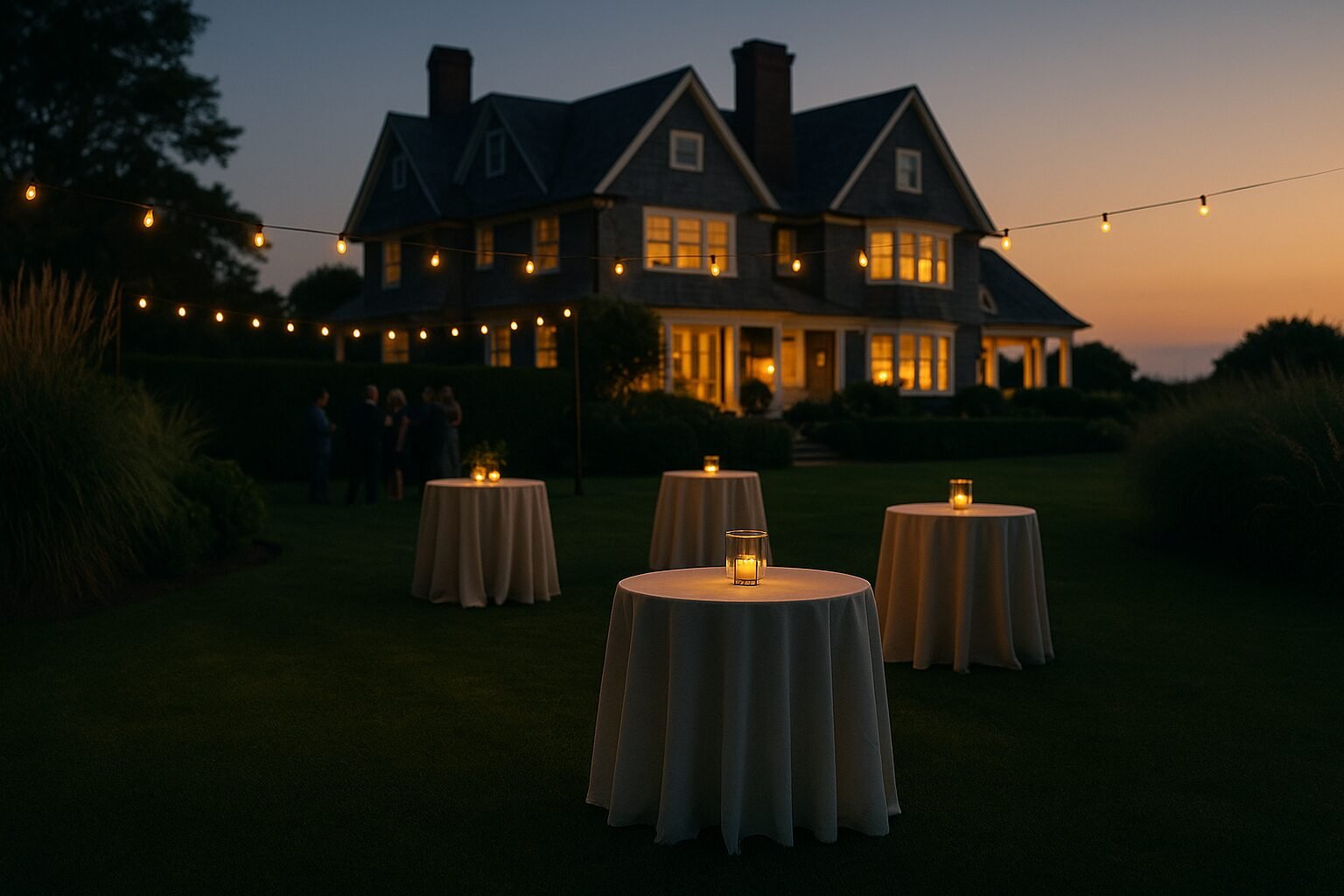 Twilight garden reception at a Hamptons estate
