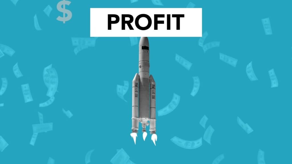 Creative illustration representing economic profit concept with flying rocket among falling dollar cash