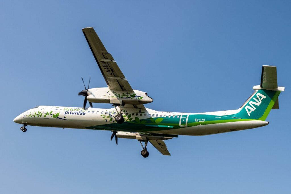 A commercial airplane with unique green livery flying against a clear blue sky showcasing sustainable travel.