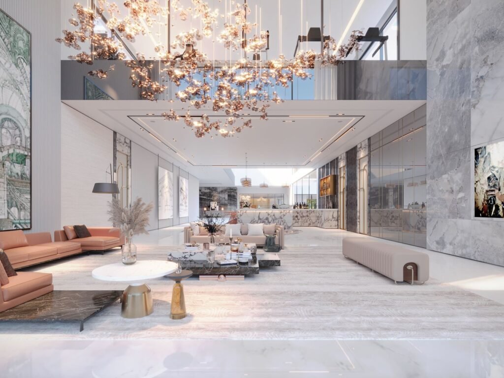 Spacious living room featuring luxurious decor and a stunning chandelier.