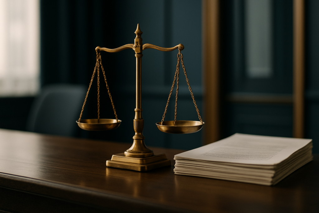 Brass scales of justice on a desk beside a stack of legal documents