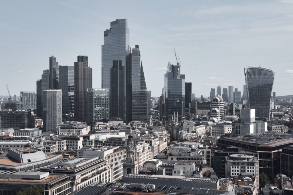 A financial district skyline of modern towers