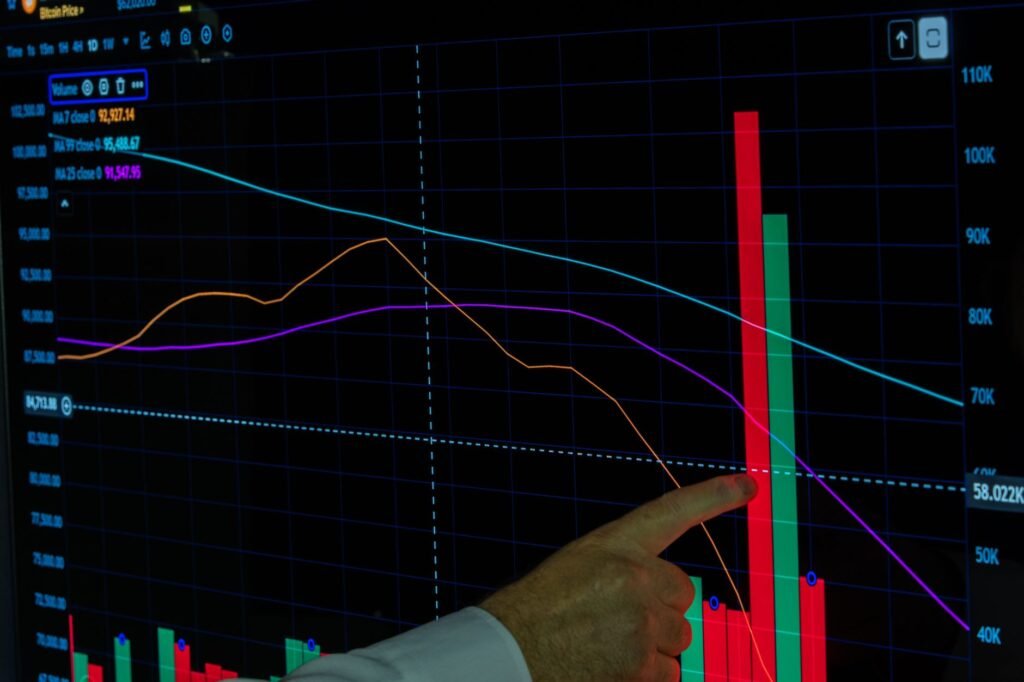 Hand pointing at a financial graph displaying cryptocurrency data analysis and trends.