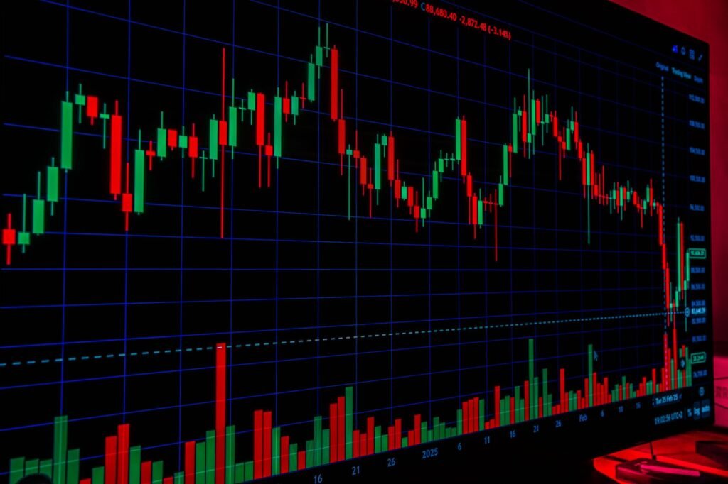Close-up of a vibrant candlestick chart showing market trends and volatility. Ideal for financial and investment themes.